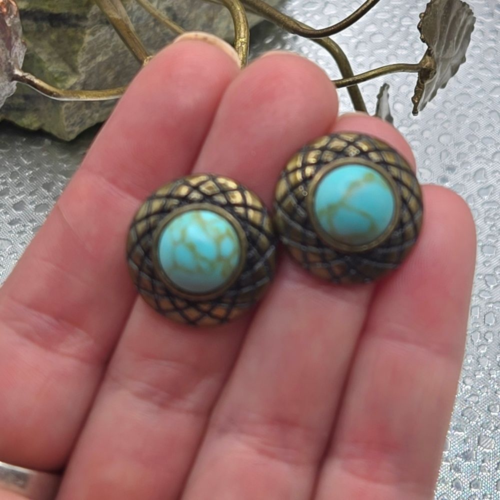 "5/$25" Brass Tone Gaux Turquoise Stud Post Round Southwestern Style Earrings - Picture 7 of 7